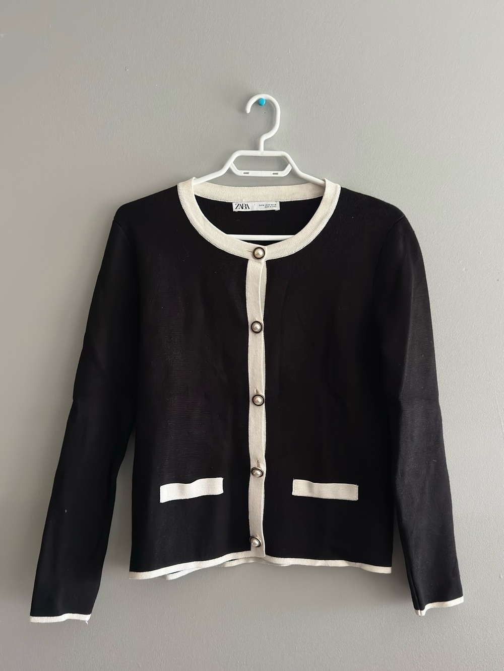 Zara Black Cardigan with Cream Trim and Pearl-Style Button Accent